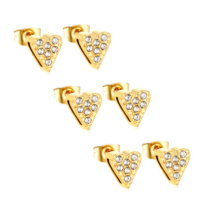 ✨ 3-Pair Heart Stud Earrings Wholesale 8x9mm Gold & White CZ | 2.2g Lightweight | Nickel-Free Bulk Earrings