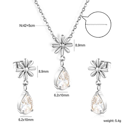 Wholesale Flower & Teardrop Zircon Jewelry Set – Hypoallergenic Stainless Steel Earrings + Pendant (Silver/Gold)