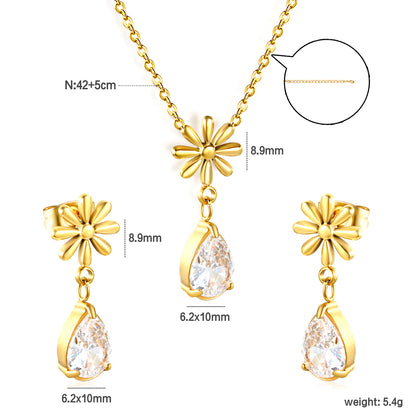Wholesale Flower & Teardrop Zircon Jewelry Set – Hypoallergenic Stainless Steel Earrings + Pendant (Silver/Gold)