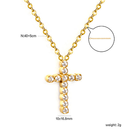 Stainless Steel Gold Cross Pendant Necklaces - 10*16.8mm CNC White Zircon, 0.3mm Chain, 40+5cm with 6mm Disk