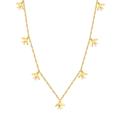 Stainless Steel Gold Airplane Pendant Necklaces - 8.2*9mm Accessory, 0.3mm Chain, 40+5cm with 6mm Disk