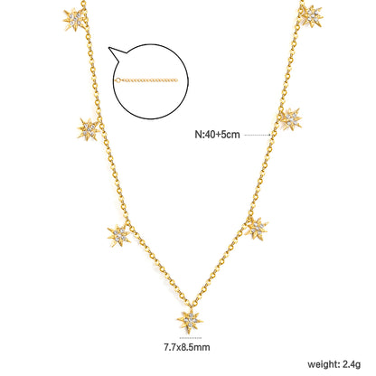 Stainless Steel Gold Eight-Pointed Star Jewelry - 0.3mm Cross Link Chain, 40+5cm Necklace with 6mm Disk