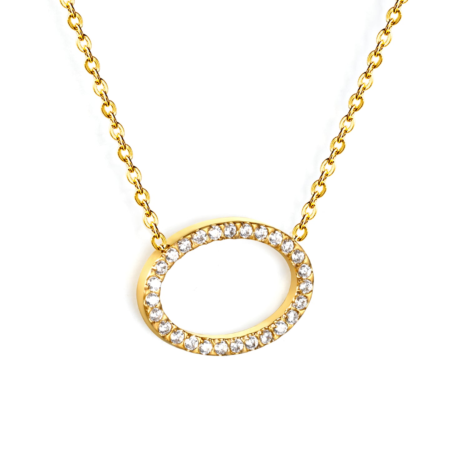 Stainless Steel Gold Elliptical Pendant Necklaces - 15*11.2mm CNC White Zircon, 0.3mm Chain, 43+5cm with 6mm Disk