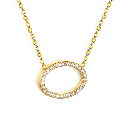 Stainless Steel Gold Elliptical Pendant Necklaces - 15*11.2mm CNC White Zircon, 0.3mm Chain, 43+5cm with 6mm Disk