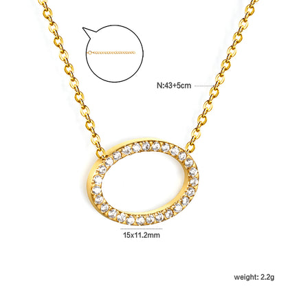 Stainless Steel Gold Elliptical Pendant Necklaces - 15*11.2mm CNC White Zircon, 0.3mm Chain, 43+5cm with 6mm Disk