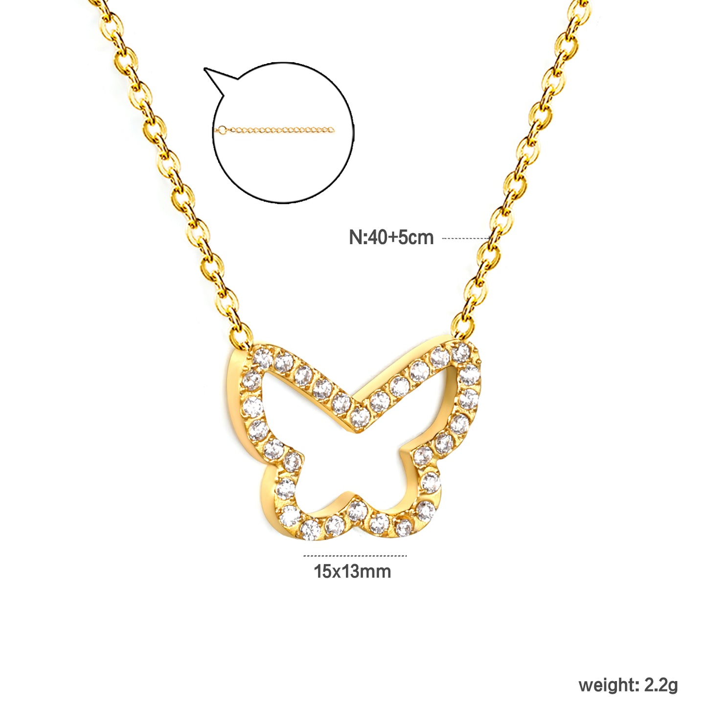 Wholesale 15x13mm Butterfly Pendant Necklace Gold Stainless Steel w/ White CZ | 0.3mm Cross Chain + 6mm Tag (Bulk Boho Jewelry)