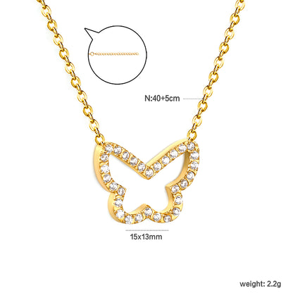 Wholesale 15x13mm Butterfly Pendant Necklace Gold Stainless Steel w/ White CZ | 0.3mm Cross Chain + 6mm Tag (Bulk Boho Jewelry)