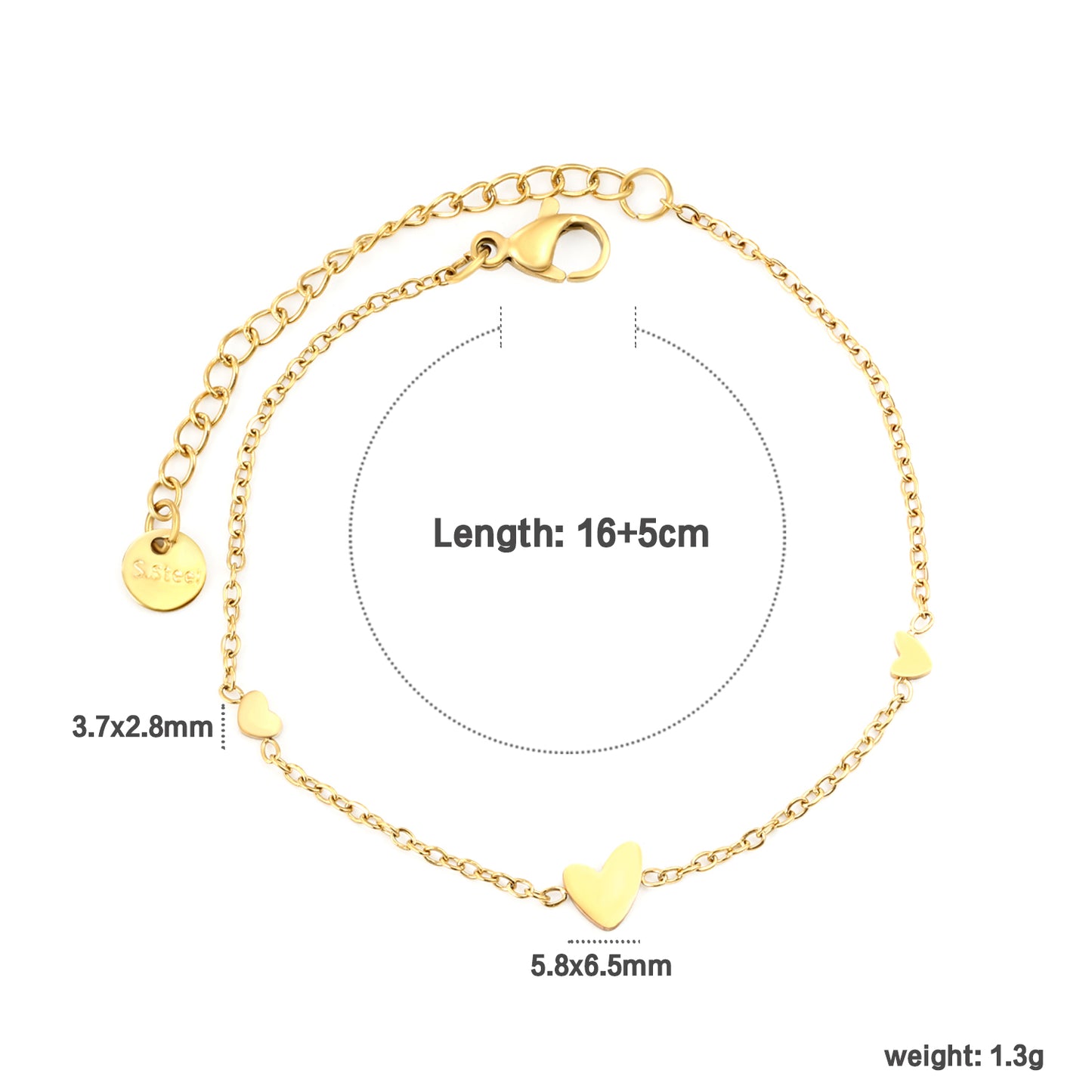Bulk Asymmetric Heart Charm Bracelet | 316L Gold Stainless Steel w/ 5.8mm Crooked + 3.7mm Hearts (16+5cm) - Wholesale Boho Trend
