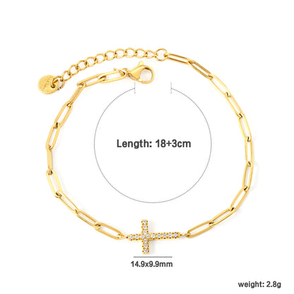Bulk 14.9mm Cross Pendant Bracelet | Gold-Tone Stainless Steel w/ White Zircon Adjustable Chain (0.8x3mm Flat Link) - Wholesale Faith Jewelry