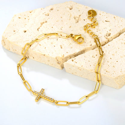 Bulk 14.9mm Cross Pendant Bracelet | Gold-Tone Stainless Steel w/ White Zircon Adjustable Chain (0.8x3mm Flat Link) - Wholesale Faith Jewelry