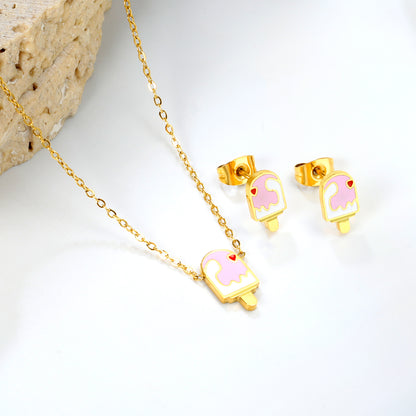 Bulk Summer Ice Cream Set Gold-Tone Stainless Earrings & Pendant (3.2g) | Wholesale Fun Fashion Jewelry
