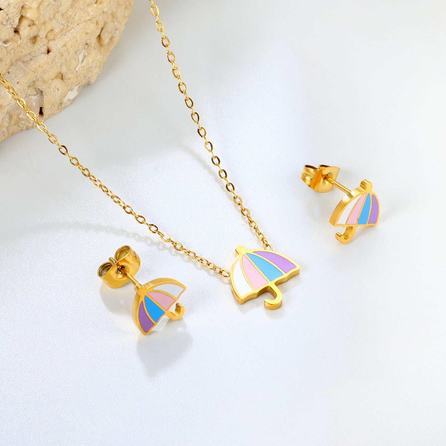 Bulk Rainy Day Charm Set Gold-Tone Stainless Earrings & Necklace (3.4g) | Wholesale Weather-Themed Jewelry
