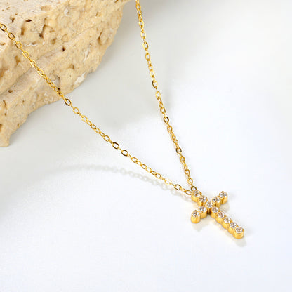 Stainless Steel Gold Cross Pendant Necklaces - 10*16.8mm CNC White Zircon, 0.3mm Chain, 40+5cm with 6mm Disk