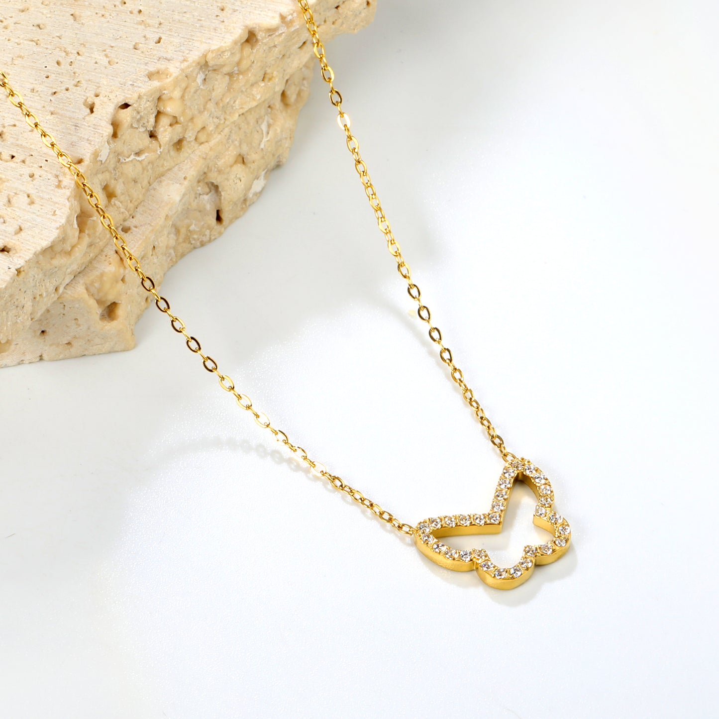 Wholesale 15x13mm Butterfly Pendant Necklace Gold Stainless Steel w/ White CZ | 0.3mm Cross Chain + 6mm Tag (Bulk Boho Jewelry)