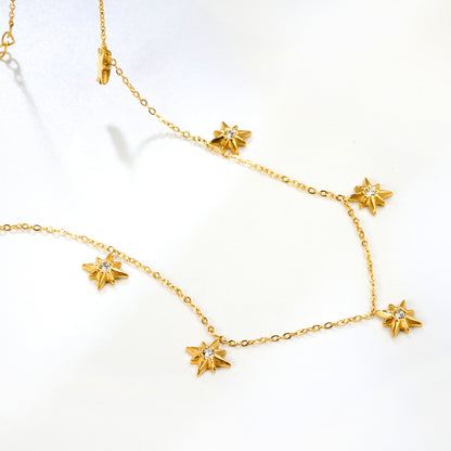 Stainless Steel Gold Eight-Pointed Star Jewelry - 0.3mm Cross Link Chain, 40+5cm Necklace with 6mm Disk