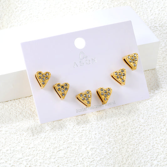 ✨ 3-Pair Heart Stud Earrings Wholesale 8x9mm Gold & White CZ | 2.2g Lightweight | Nickel-Free Bulk Earrings