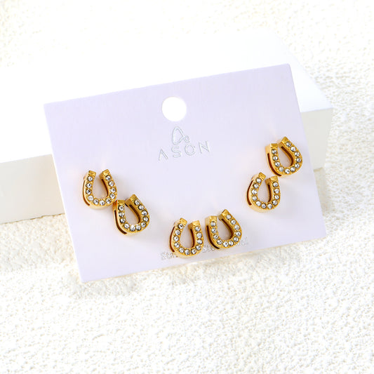 ✨ 3-Pack U-Shaped Stud Earrings Wholesale 8x9.1mm Gold & White CZ | Lightweight 1.6g | Nickel-Free Earrings