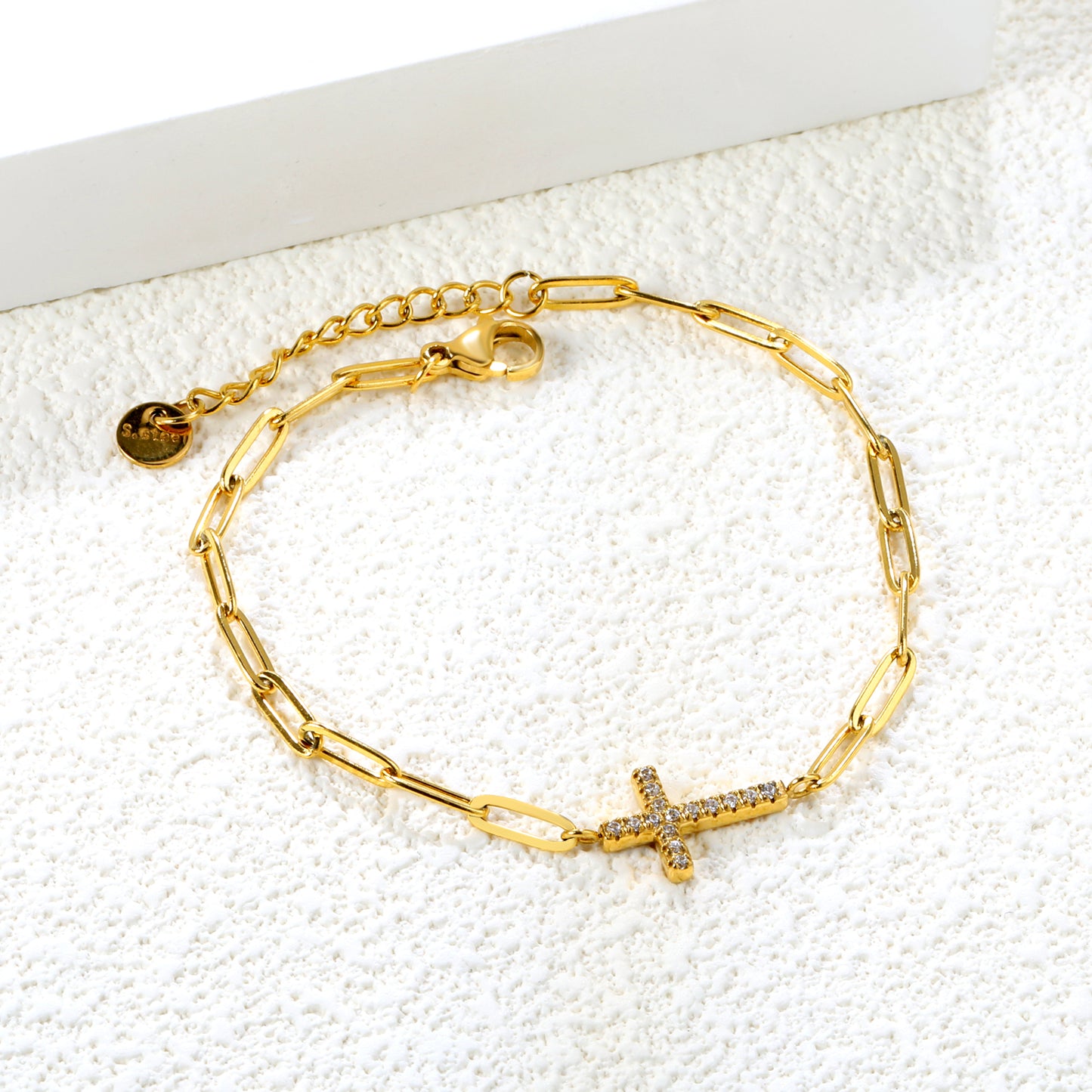 Bulk 14.9mm Cross Pendant Bracelet | Gold-Tone Stainless Steel w/ White Zircon Adjustable Chain (0.8x3mm Flat Link) - Wholesale Faith Jewelry