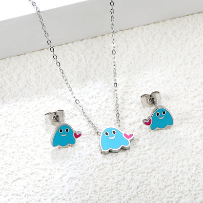 Wholesale Stainless Steel Dripping Oil Lovestruck Imp Set - Enamel Charm Earrings & Pendant Necklace w/ Cross Chain (Bulk Gothic Jewelry)