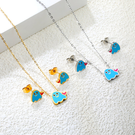 Wholesale Stainless Steel Dripping Oil Lovestruck Imp Set - Enamel Charm Earrings & Pendant Necklace w/ Cross Chain (Bulk Gothic Jewelry)