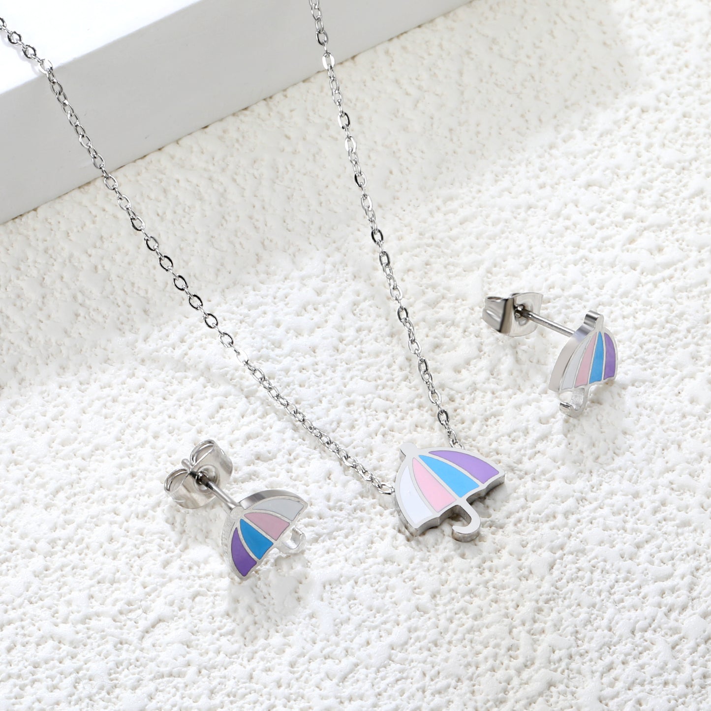 Bulk Rainy Day Charm Set Gold-Tone Stainless Earrings & Necklace (3.4g) | Wholesale Weather-Themed Jewelry
