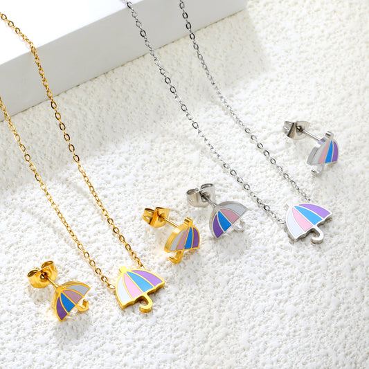 Bulk Rainy Day Charm Set Gold-Tone Stainless Earrings & Necklace (3.4g) | Wholesale Weather-Themed Jewelry