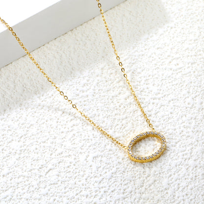 Stainless Steel Gold Elliptical Pendant Necklaces - 15*11.2mm CNC White Zircon, 0.3mm Chain, 43+5cm with 6mm Disk