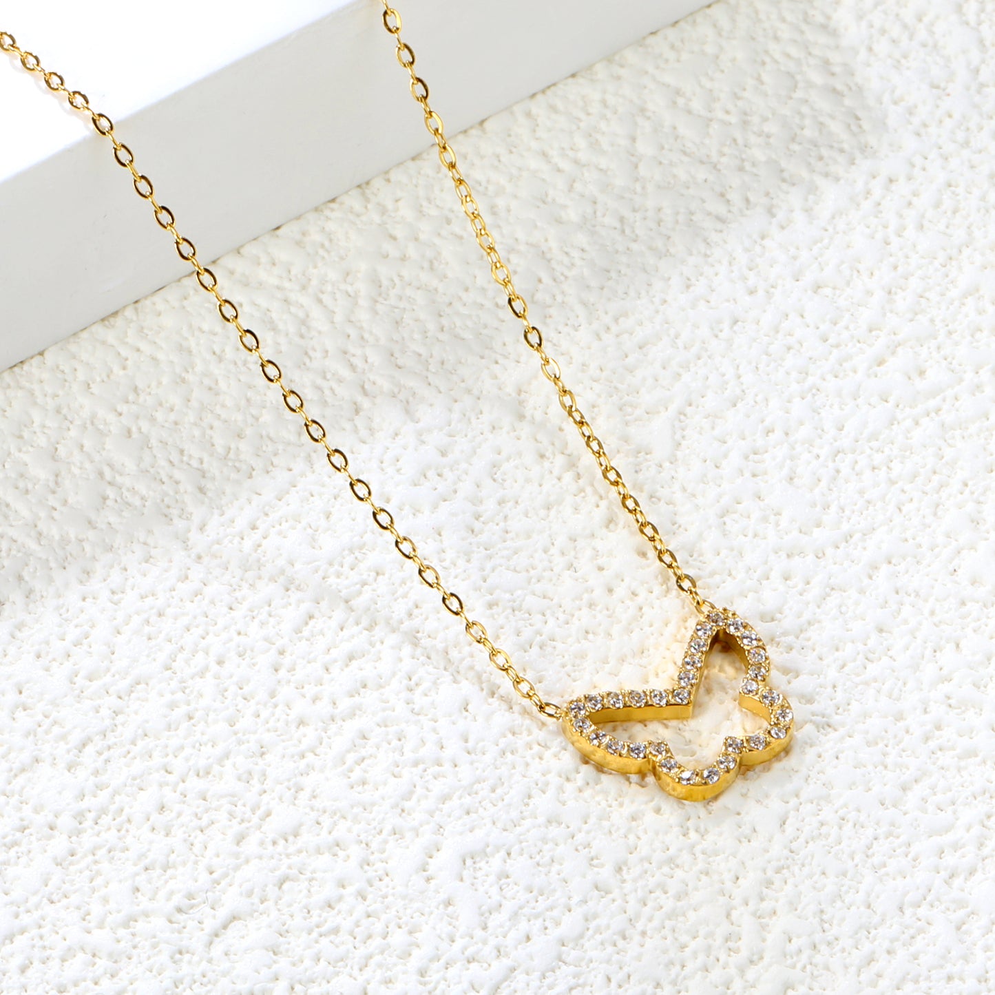 Wholesale 15x13mm Butterfly Pendant Necklace Gold Stainless Steel w/ White CZ | 0.3mm Cross Chain + 6mm Tag (Bulk Boho Jewelry)