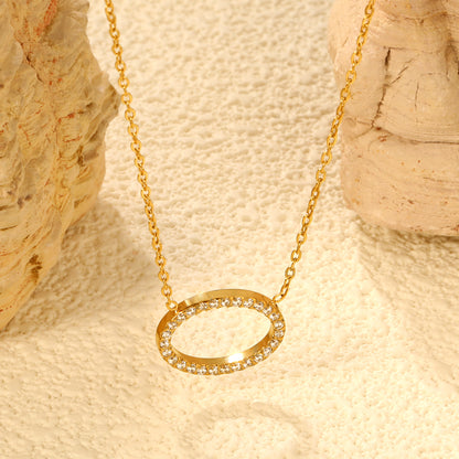 Stainless Steel Gold Elliptical Pendant Necklaces - 15*11.2mm CNC White Zircon, 0.3mm Chain, 43+5cm with 6mm Disk