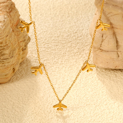 Stainless Steel Gold Airplane Pendant Necklaces - 8.2*9mm Accessory, 0.3mm Chain, 40+5cm with 6mm Disk