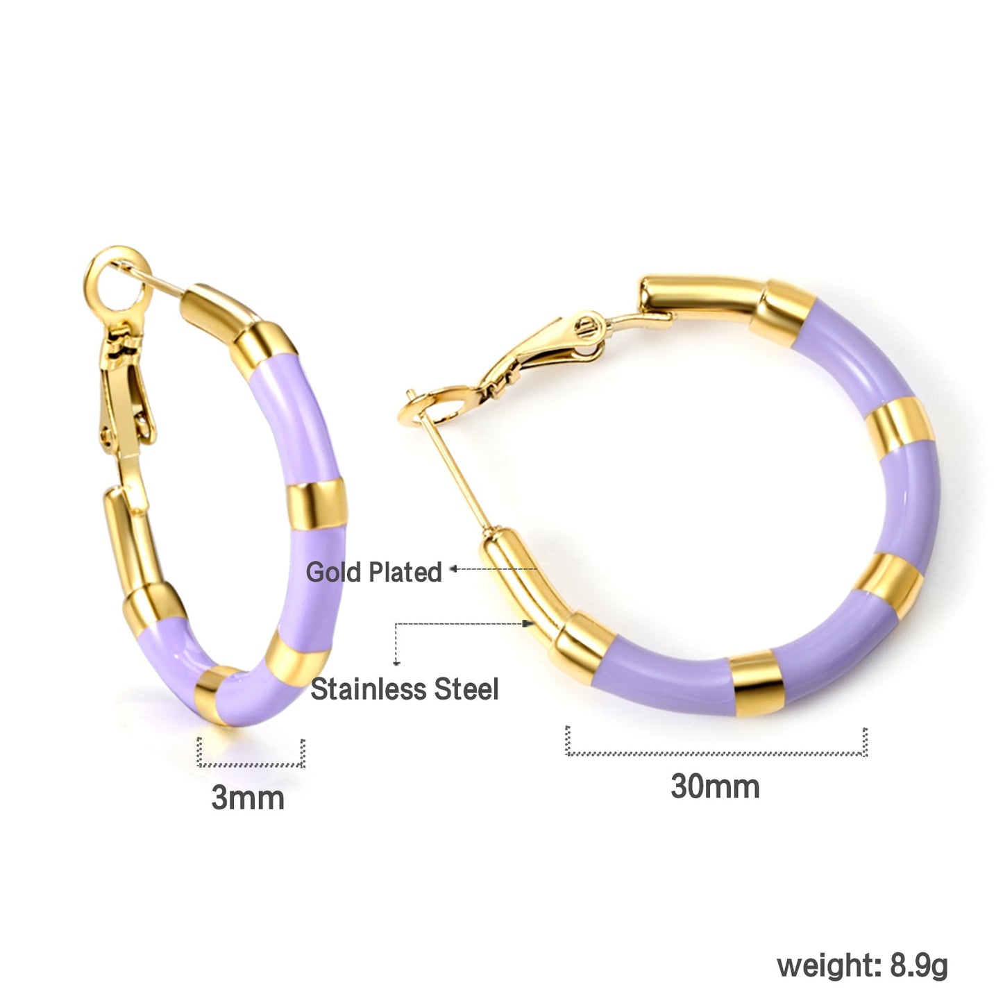 C-Stripe White&Purple&Sky Blue&Pink&Mixed Color Drop Earrings 3*30mm Gold Color