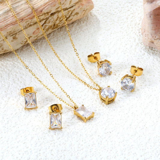 ✨💎 18K Gold Zircon With Six Shape Jewelry Set Wholesale (MOQ 12+) | Stainless Steel Necklace & Earrings 🌍 | Hypoallergenic Luxury Gift Set