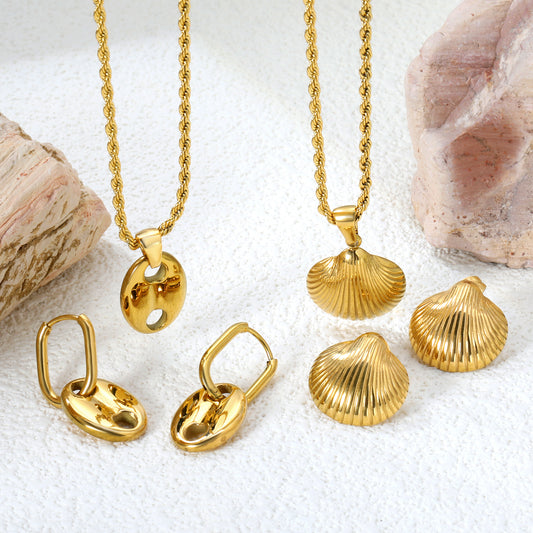 ✨🌊 18K Gold plated Shell shape Jewelry Set Wholesale (MOQ 12+) | Stainless Steel Necklace & Earrings 🌍 | Hypoallergenic Luxury Gift Set