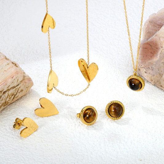✨ 18K Gold Plated 40+5cm Amber gemstone Jewelry Set Wholesale (MOQ 12+) | Stainless Steel Necklace & Earrings 🌍 | Hypoallergenic Luxury Gift Set