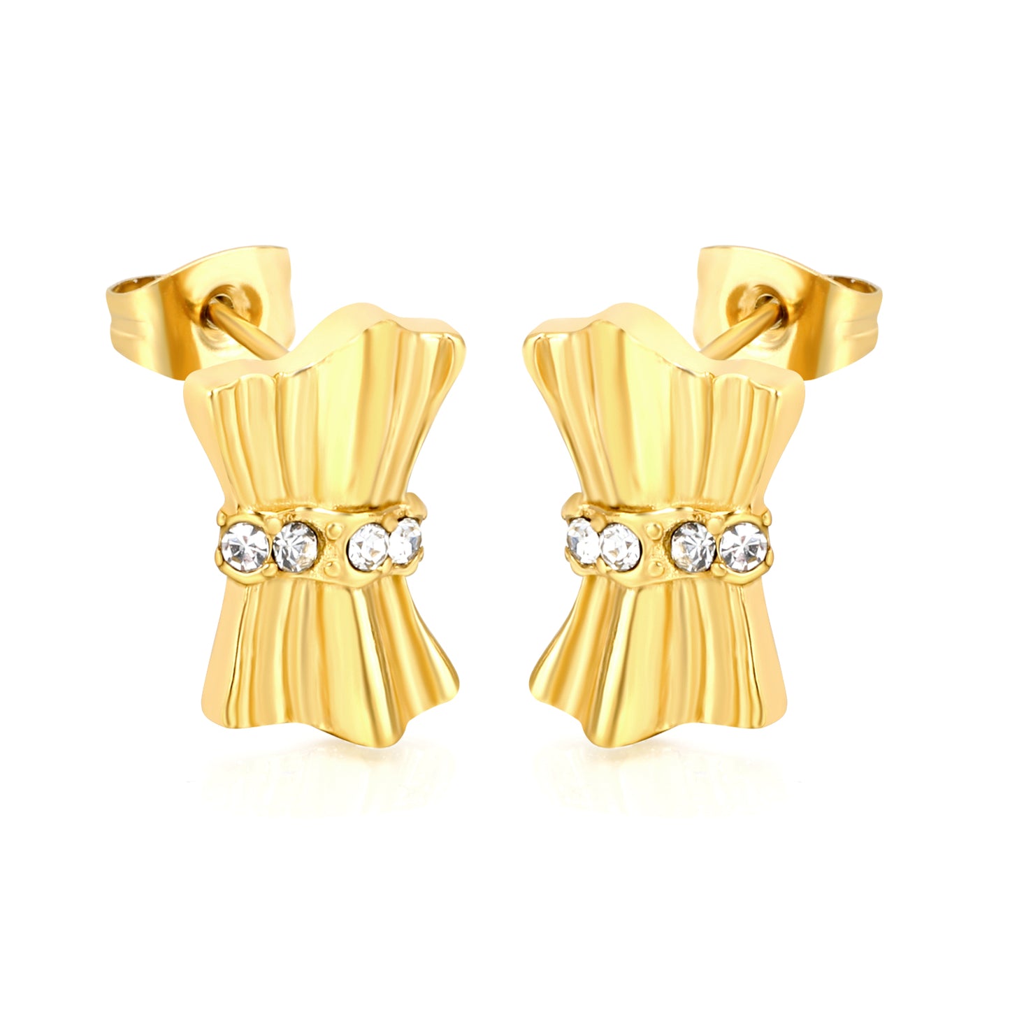 Gold Textured Bow Earrings with Clear CZ | Hypoallergenic Waterproof Statement Studs