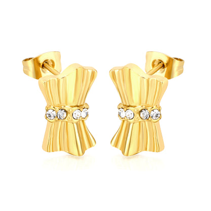 Gold Textured Bow Earrings with Clear CZ | Hypoallergenic Waterproof Statement Studs