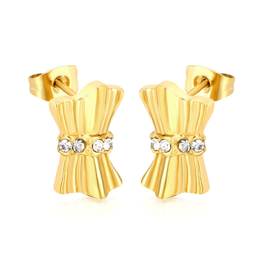 Gold Textured Bow Earrings with Clear CZ | Hypoallergenic Waterproof Statement Studs