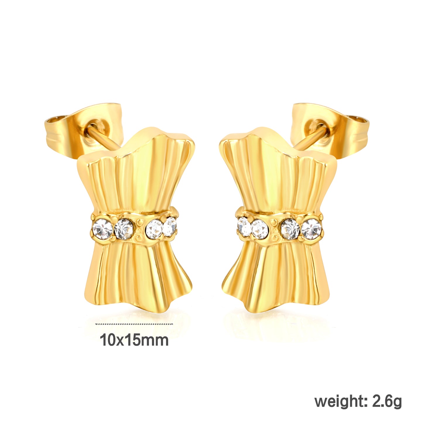 Gold Textured Bow Earrings with Clear CZ | Hypoallergenic Waterproof Statement Studs