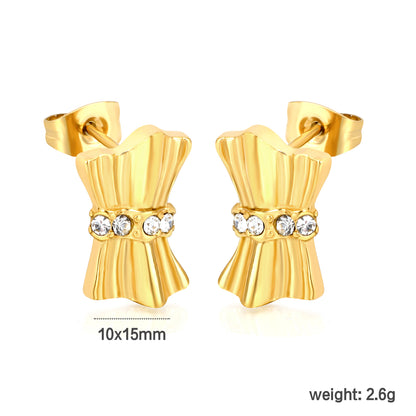 Gold Textured Bow Earrings with Clear CZ | Hypoallergenic Waterproof Statement Studs