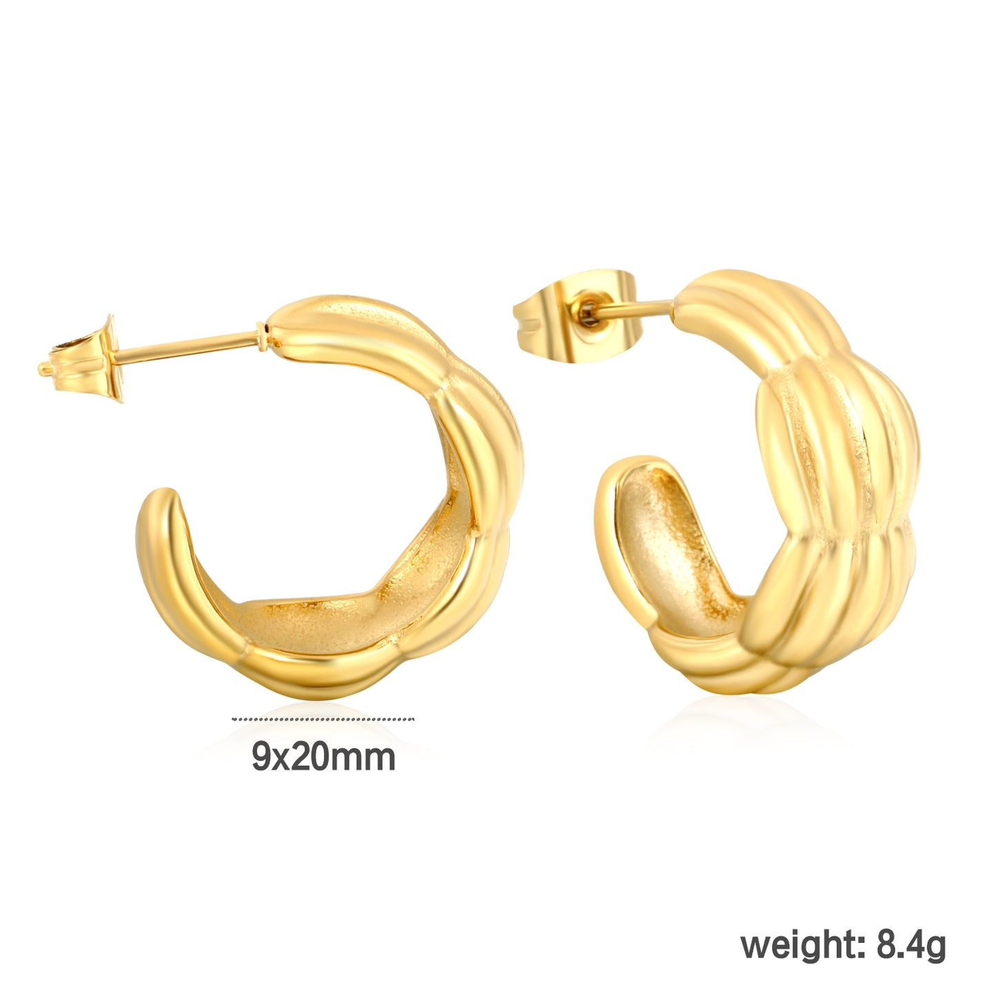 Waterproof C-Shape Twisted Earrings | Hypoallergenic Curved Hoop Earrings |  Stainless Steel
