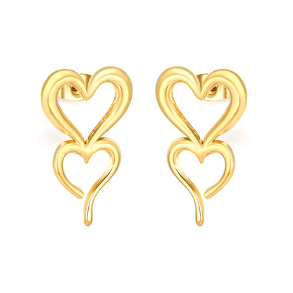 18k Gold Plated Double Heart Drop Earrings | Stainless Steel Dangle Jewelry