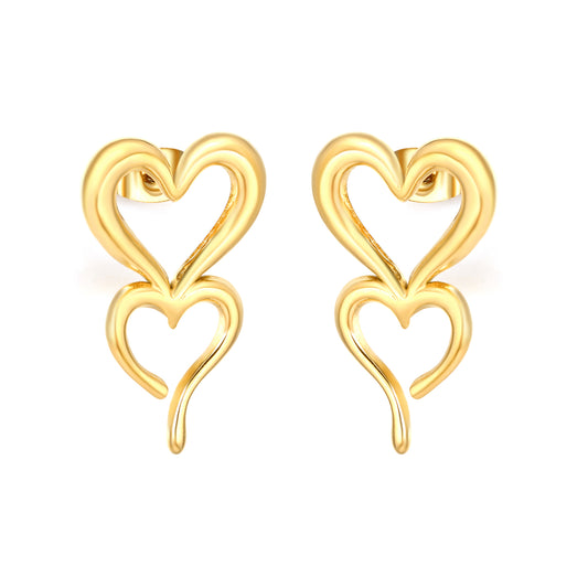 18k Gold Plated Double Heart Drop Earrings | Stainless Steel Dangle Jewelry