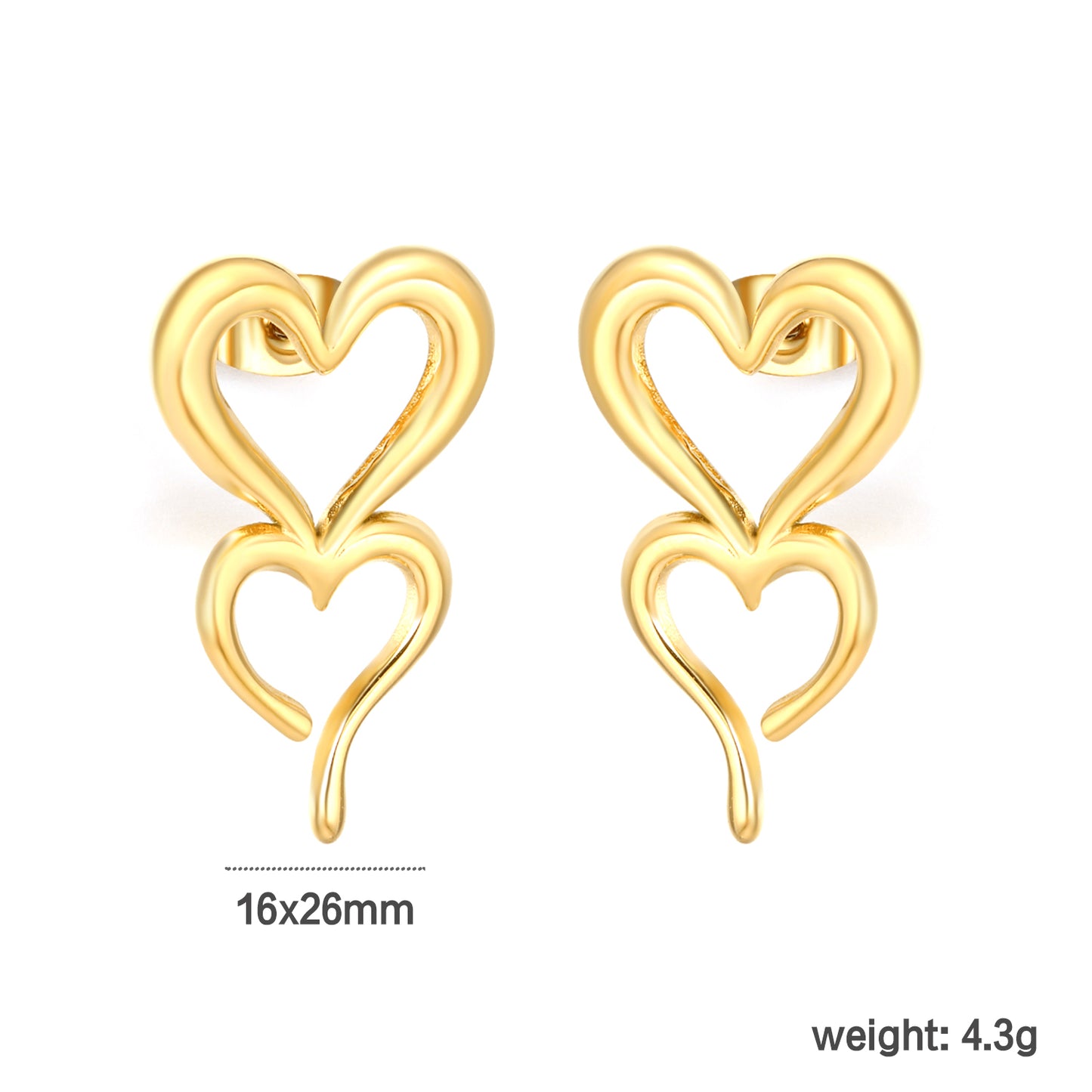 18k Gold Plated Double Heart Drop Earrings | Stainless Steel Dangle Jewelry