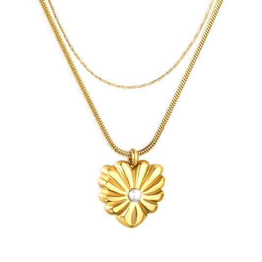 Nickel-Free & Waterproof Stainless Steel Double-Layer Chain with Flower Pendant