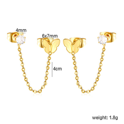 Gold Two Hole Butterfly Chain Earrings with Clear Crystal | Hypoallergenic Dangle Accessories