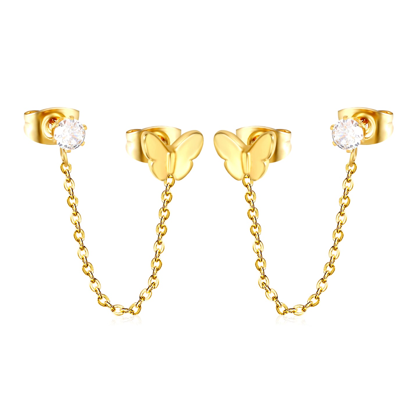 Gold Two Hole Butterfly Chain Earrings with Clear Crystal | Hypoallergenic Dangle Accessories