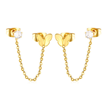 Gold Two Hole Butterfly Chain Earrings with Clear Crystal | Hypoallergenic Dangle Accessories
