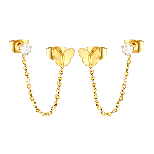 Gold Two Hole Butterfly Chain Earrings with Clear Crystal | Hypoallergenic Dangle Accessories