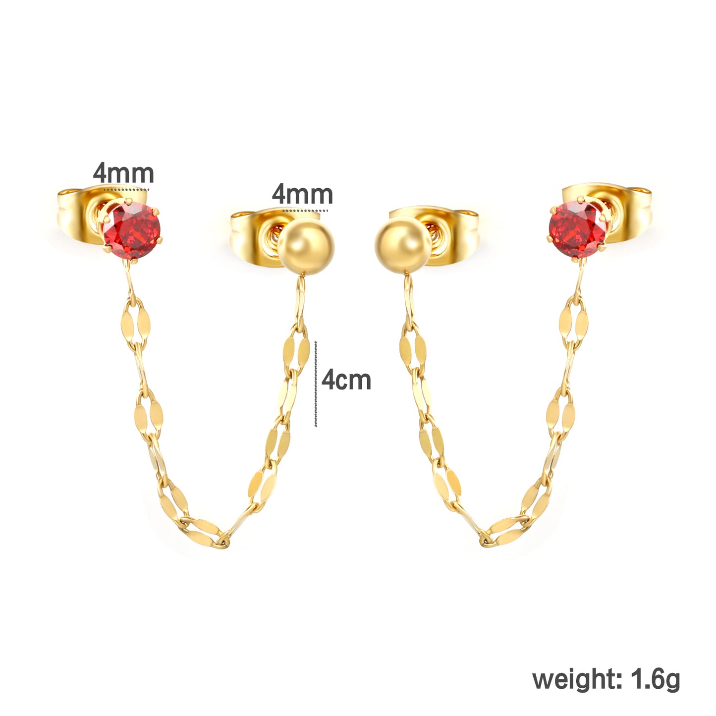 Stainless Steel Red CZ Chain Drop Earrings | 18K Gold Plated Double Piercing Jewelry