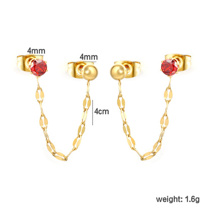 Stainless Steel Red CZ Chain Drop Earrings | 18K Gold Plated Double Piercing Jewelry